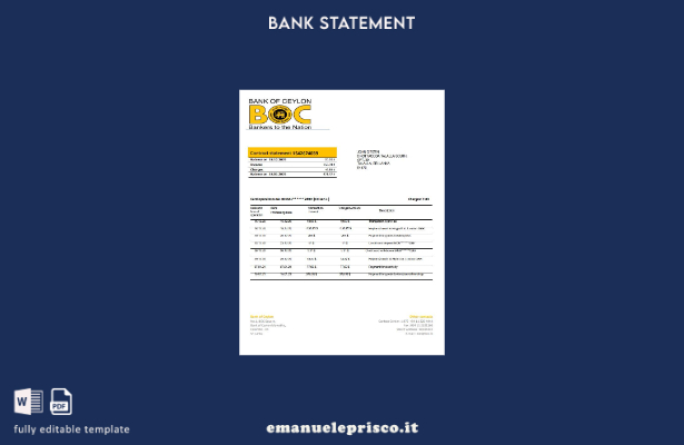 modello word di estratto conto bancario della Banca di Ceylon dello Sri Lanka in
